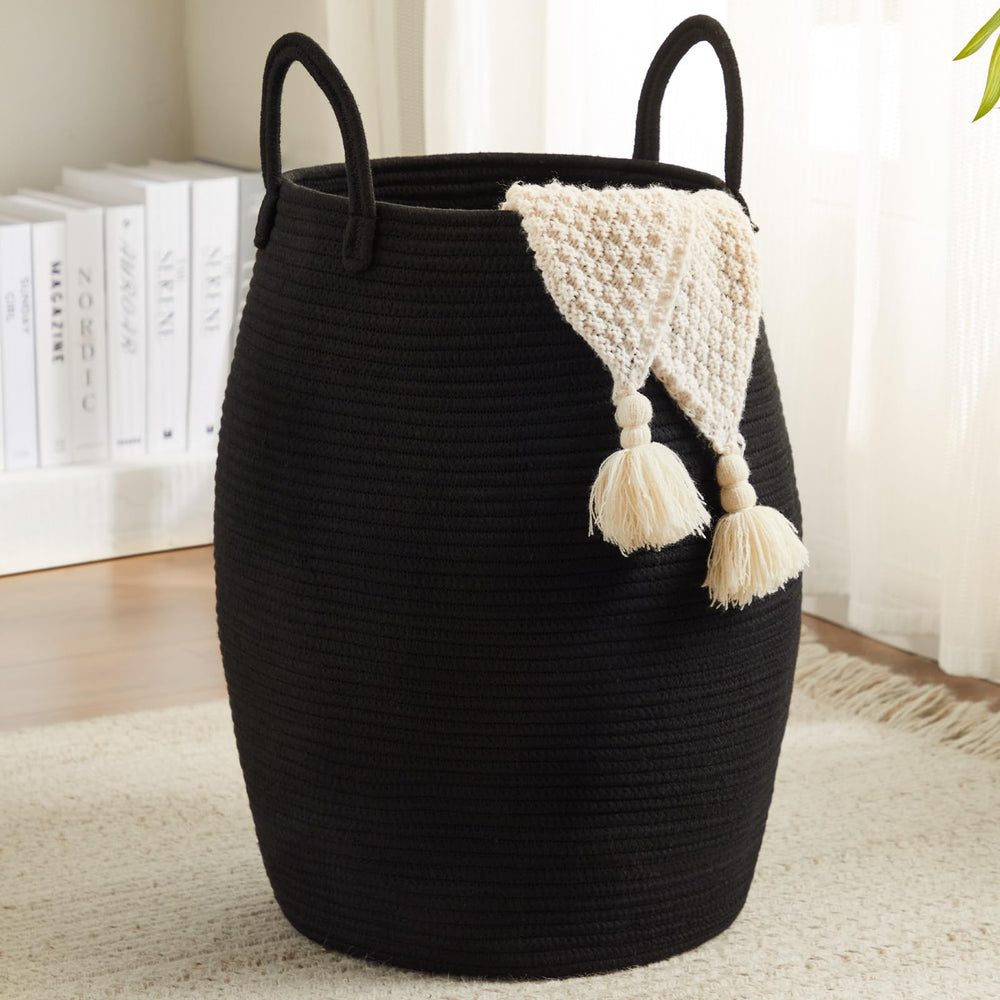 Fiona's magic 105L laundry hamper front view shows tall woven storage for bulky items.