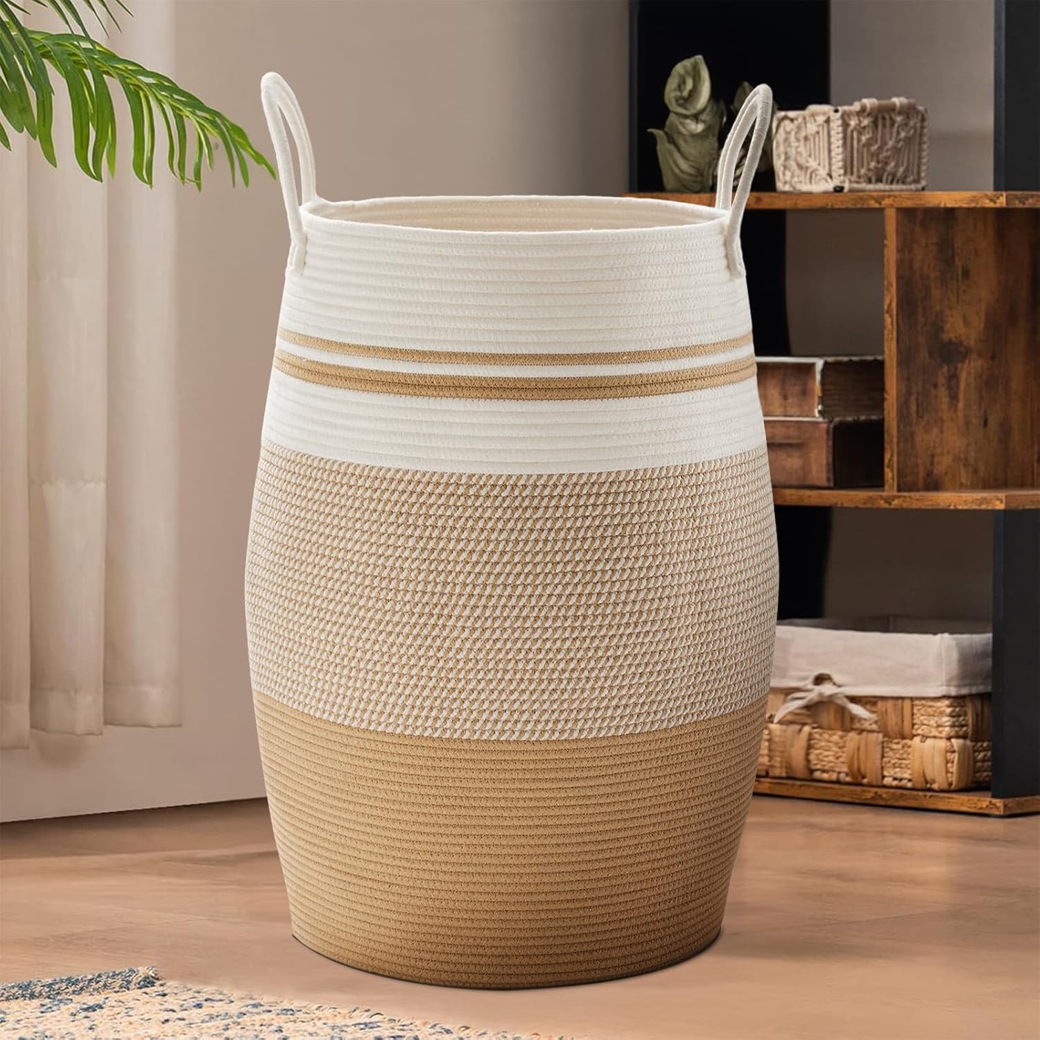Fiona's magic 105L laundry hamper—front view, woven cotton design, ideal for tidy bedroom storage.