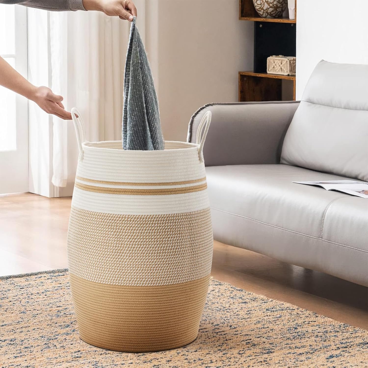 Fiona's magic 105L laundry hamper—in living room, adds Nordic-inspired color and storage.