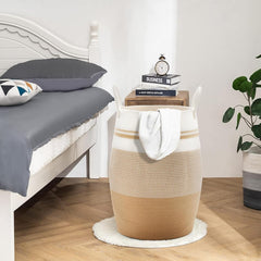 Fiona's magic 105L laundry hamper—long handles, portable charm for moving laundry around.