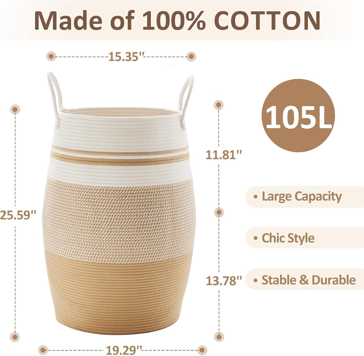 Fiona's magic 105L laundry hamper—side view, tall woven frame supports blankets and towels.