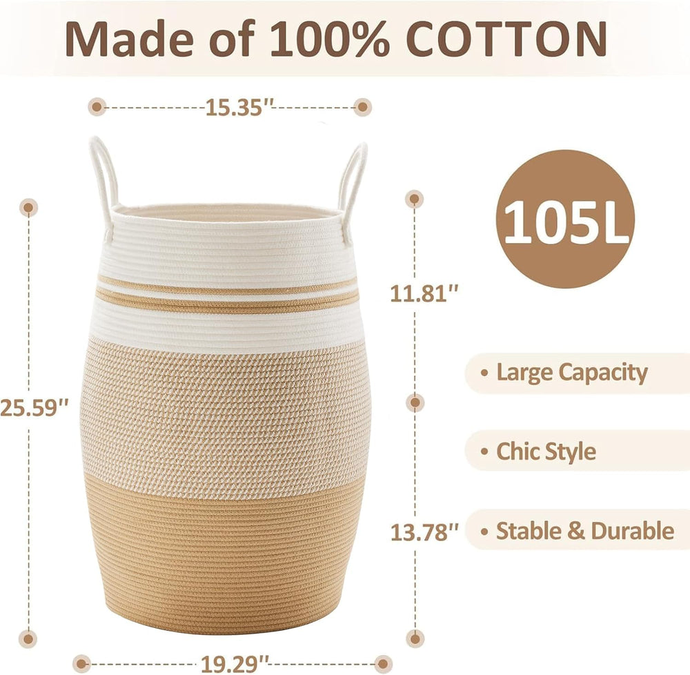 Fiona's magic 105L laundry hamper—side view, tall woven frame supports blankets and towels.