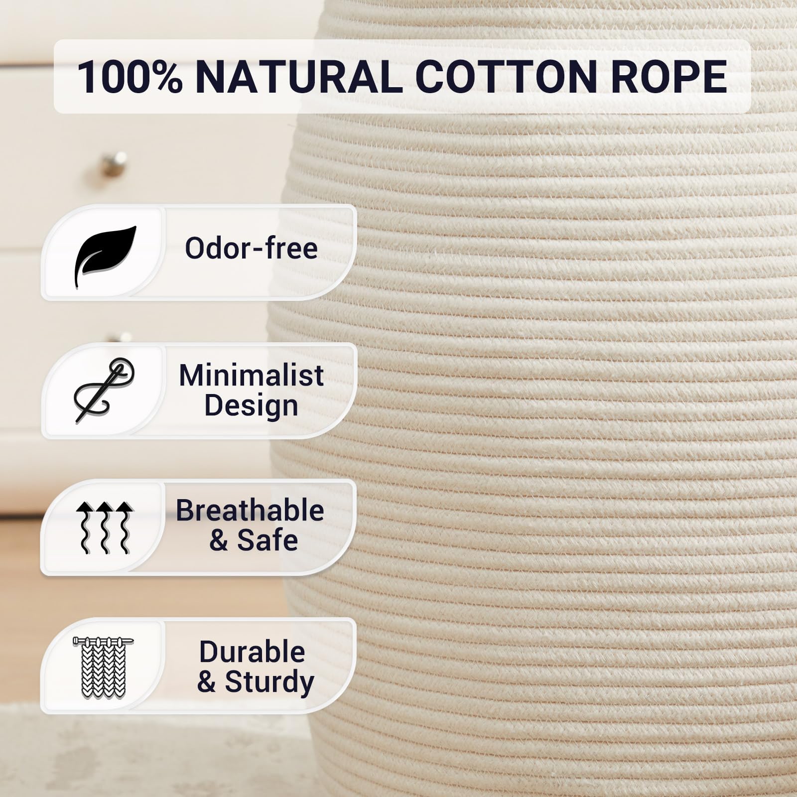 Fiona's magic 105L hamper sturdy rope weave highlights durable, long-lasting construction.