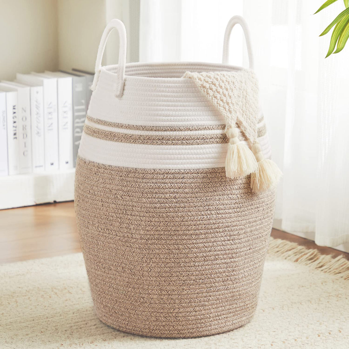 Fiona's magic 65L cotton rope hamper front view shows spacious storage.