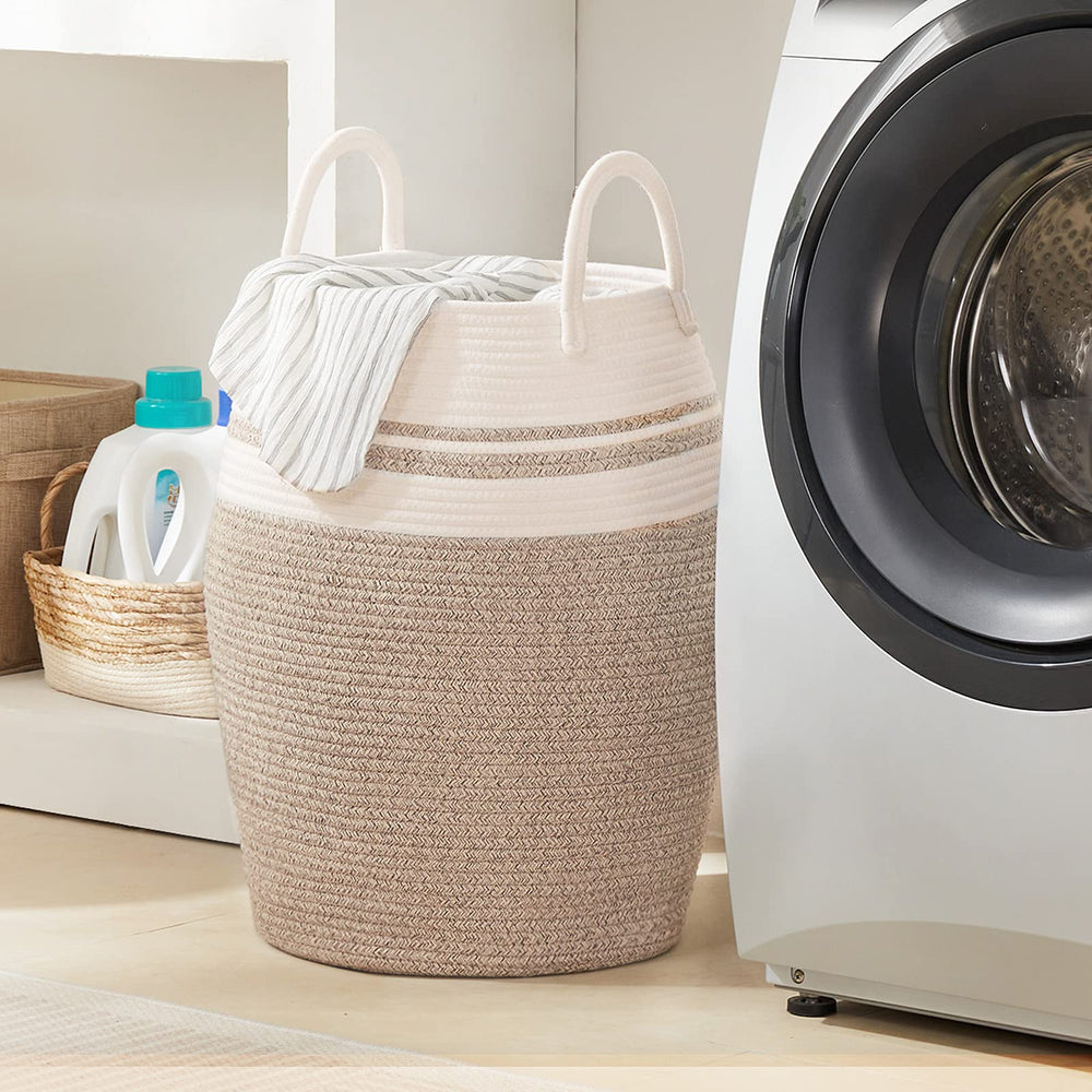 Fiona's magic 65L hamper in living room adds Nordic-inspired decor while organizing items.