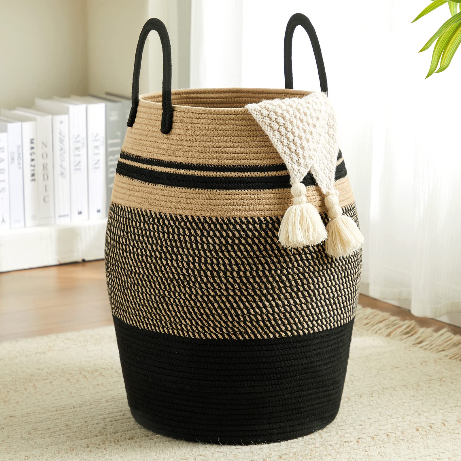 Fiona's magic 65L cotton rope laundry hamper front view for spacious clothing storage.