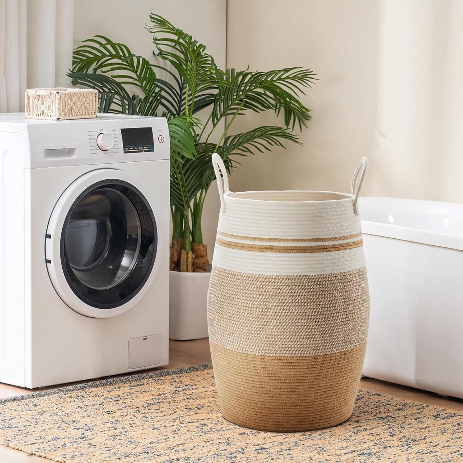 Fiona's magic 65L laundry hamper in living room promotes tidy organization with other baskets