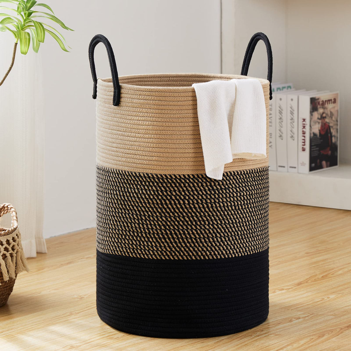 Fiona's magic 72L laundry hamper folded flat for space-saving storage in a bedroom