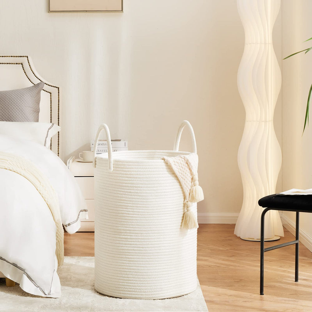 Fiona's magic blanket-storage basket keeps linen organized and accessible in spaces.