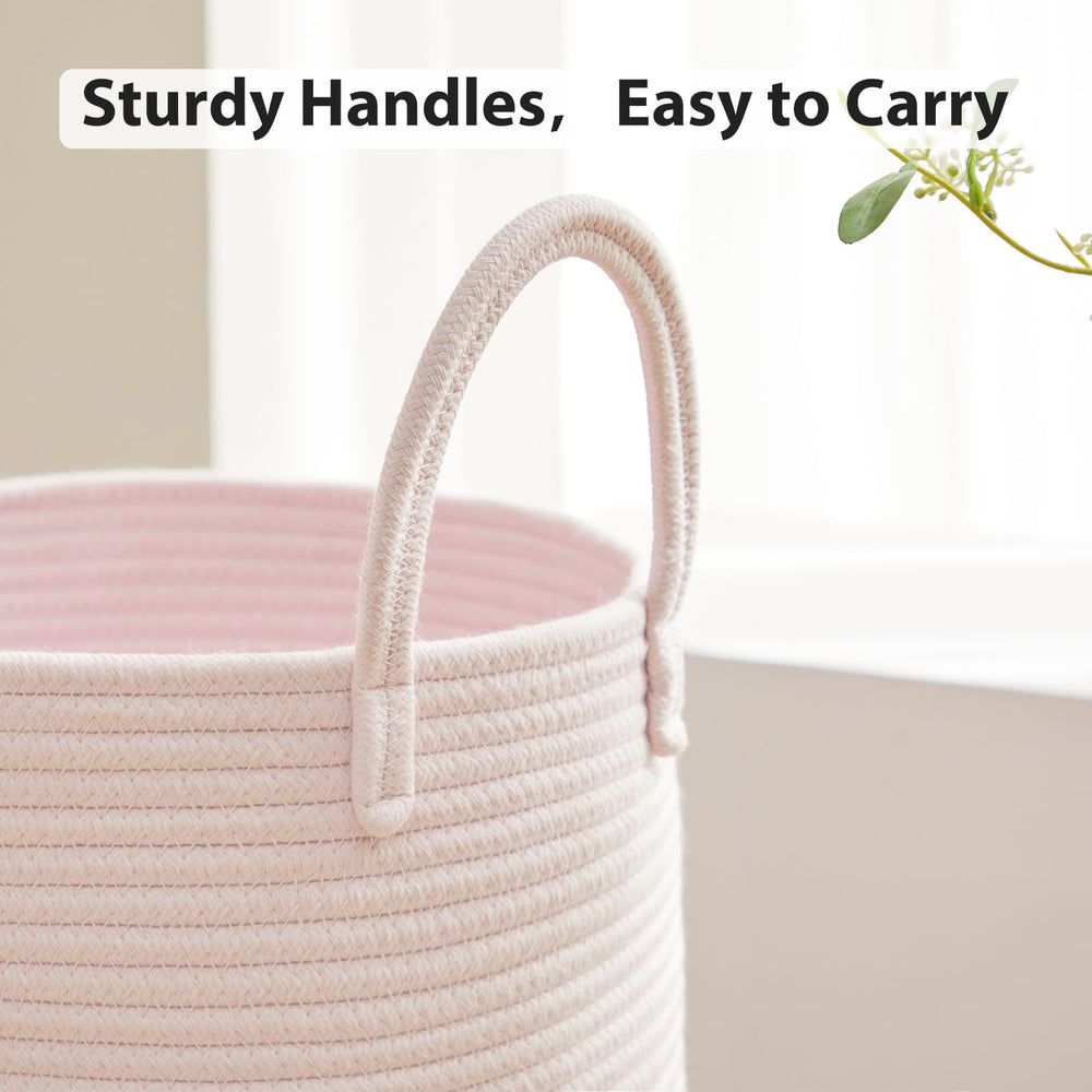 Fiona's magic pink hamper close-up highlights reinforced stitching on sturdy handles for daily use.
