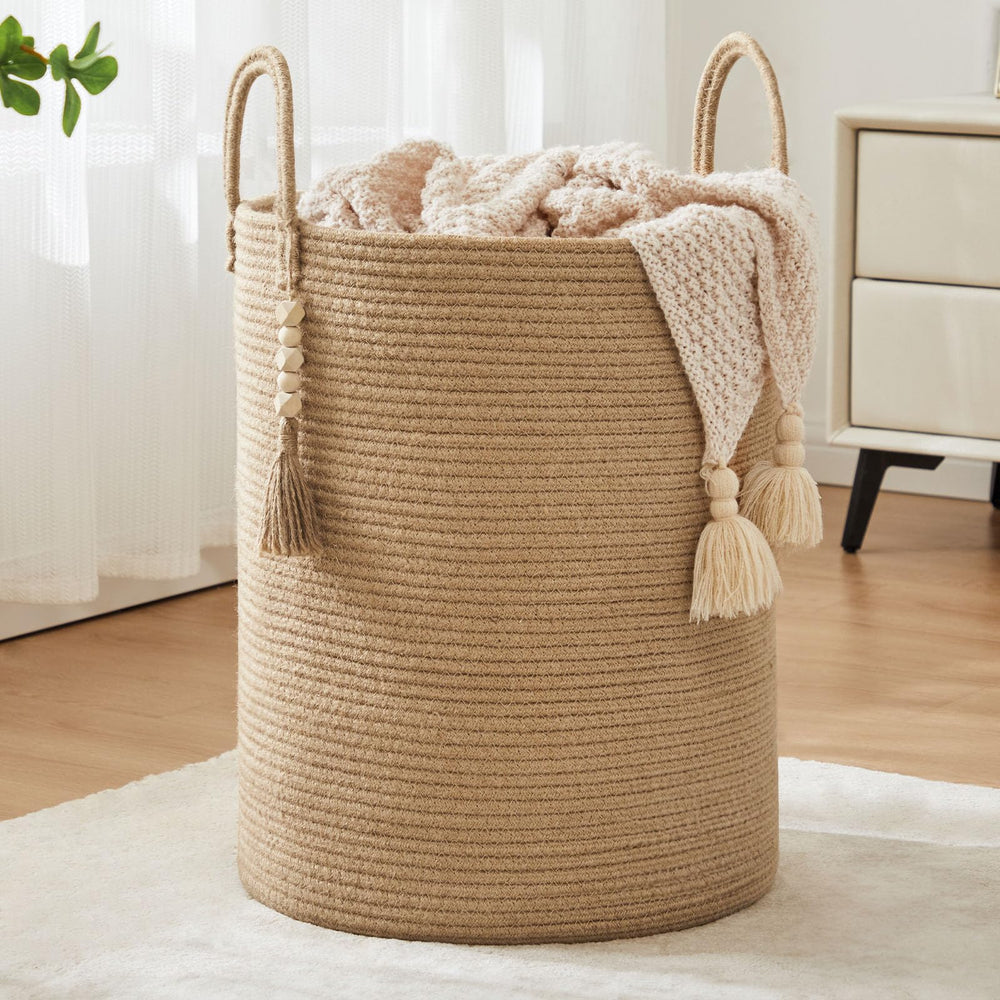 Fiona's Magic jute laundry hamper front view highlights roomy 72L capacity for clothes storage