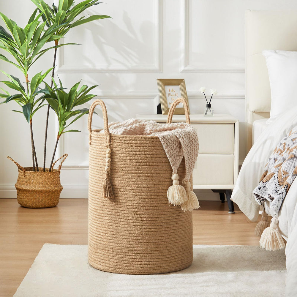 Fiona's Magic jute laundry hamper side profile emphasizes slim footprint for space-saving organization