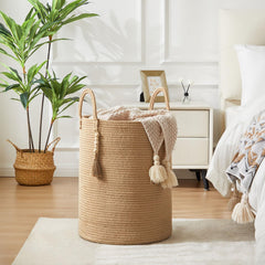 Fiona's Magic jute laundry hamper side profile emphasizes slim footprint for space-saving organization