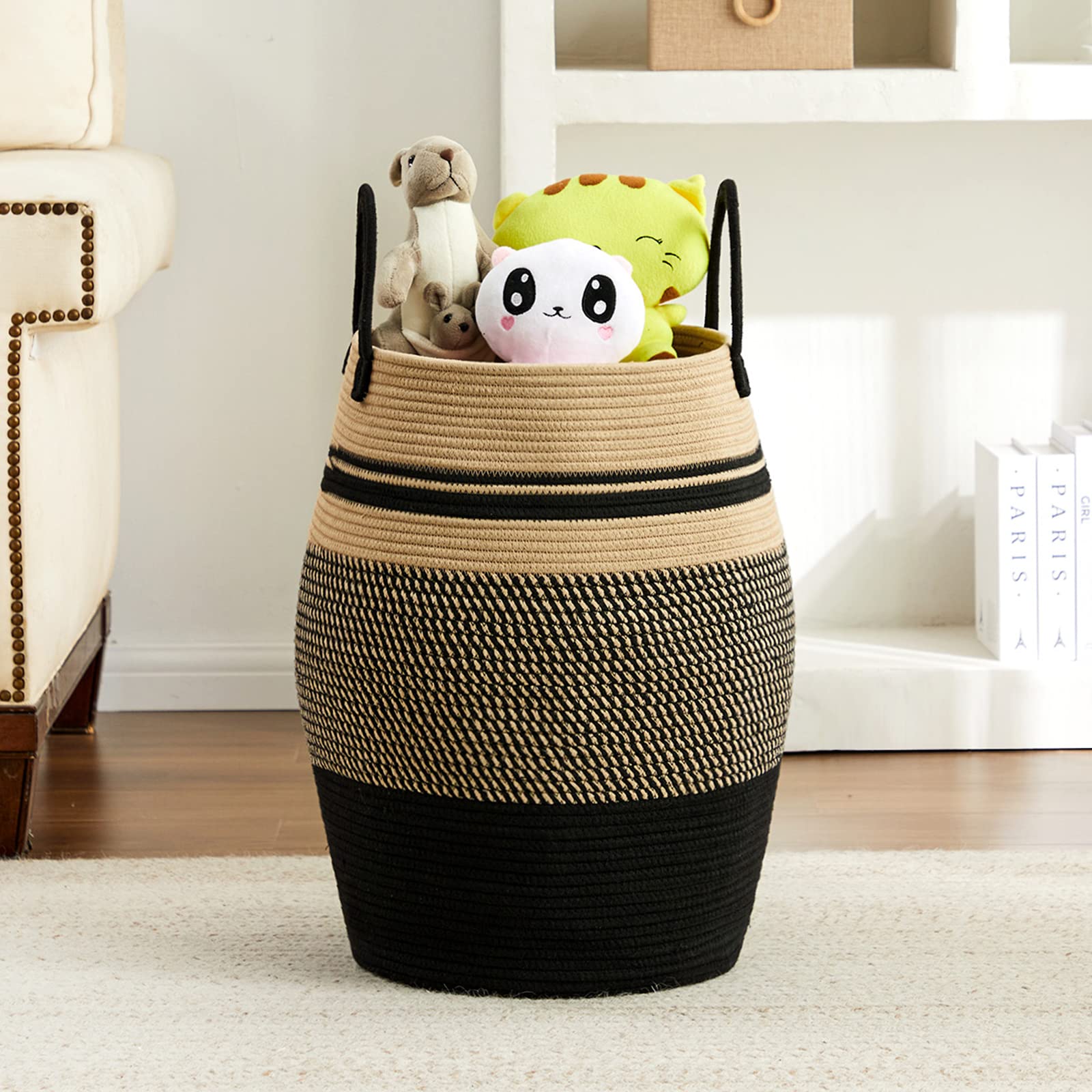 Fiona's magic laundry hamper in bedroom with Nordic design complements decor.