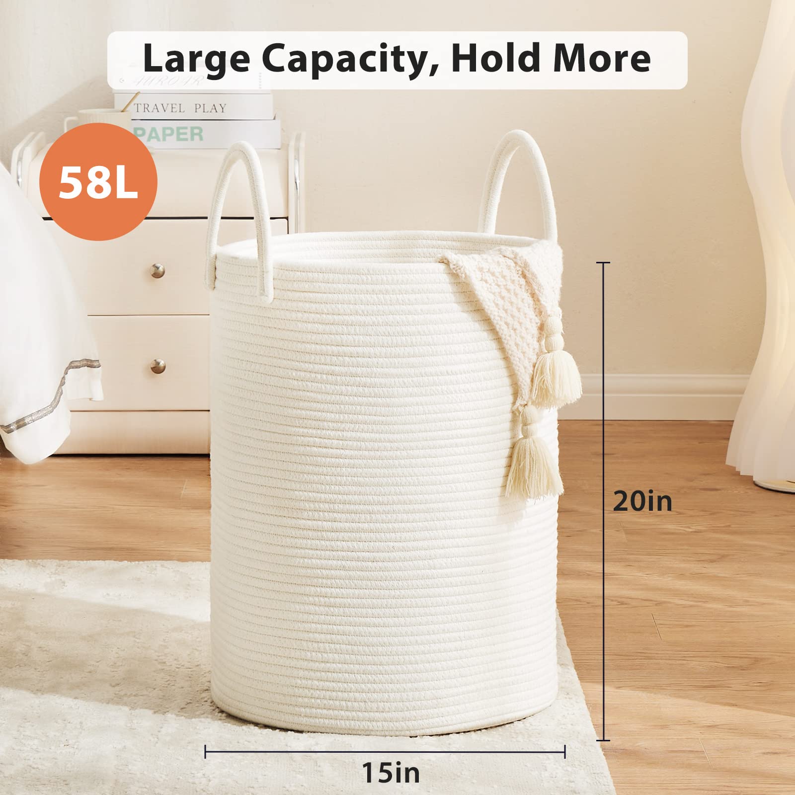 Fiona's magic tall laundry hamper stands on its own for tidy room organization.