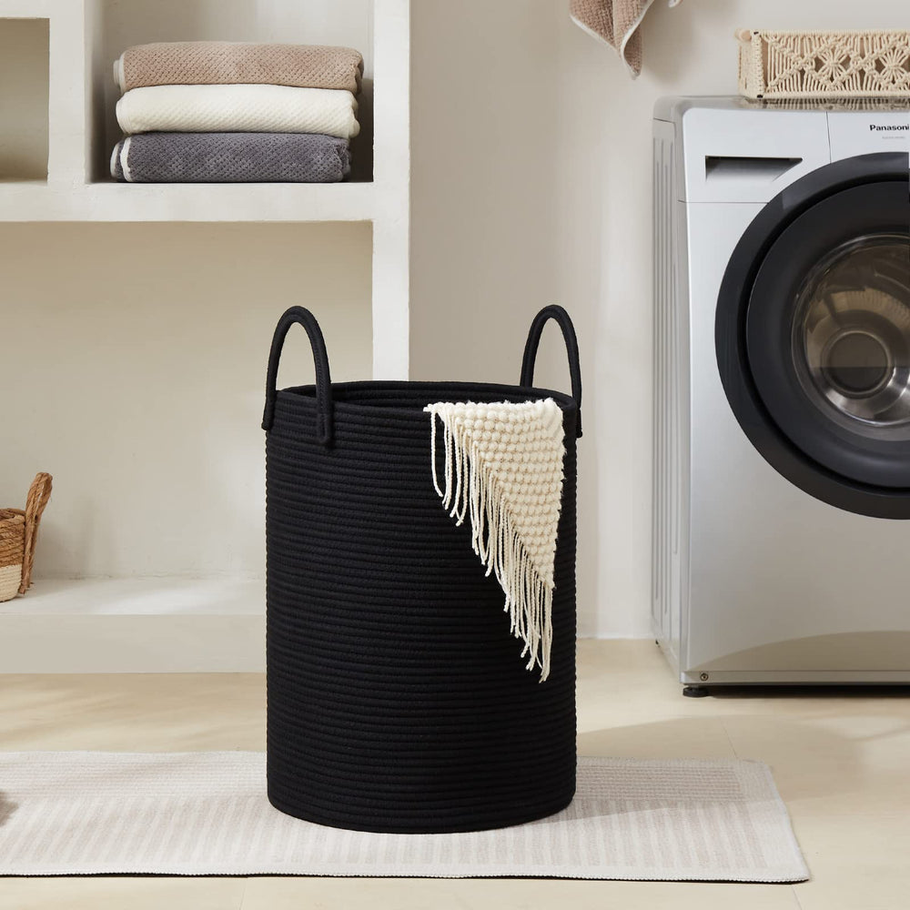 Fiona's magic woven rope laundry basket 58L in living room with decorative utility