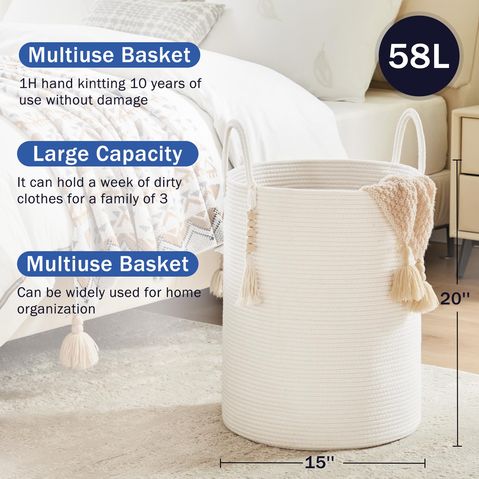 Fiona's magic bedroom-living-room hamper blends into the home, making laundry storage discreet.