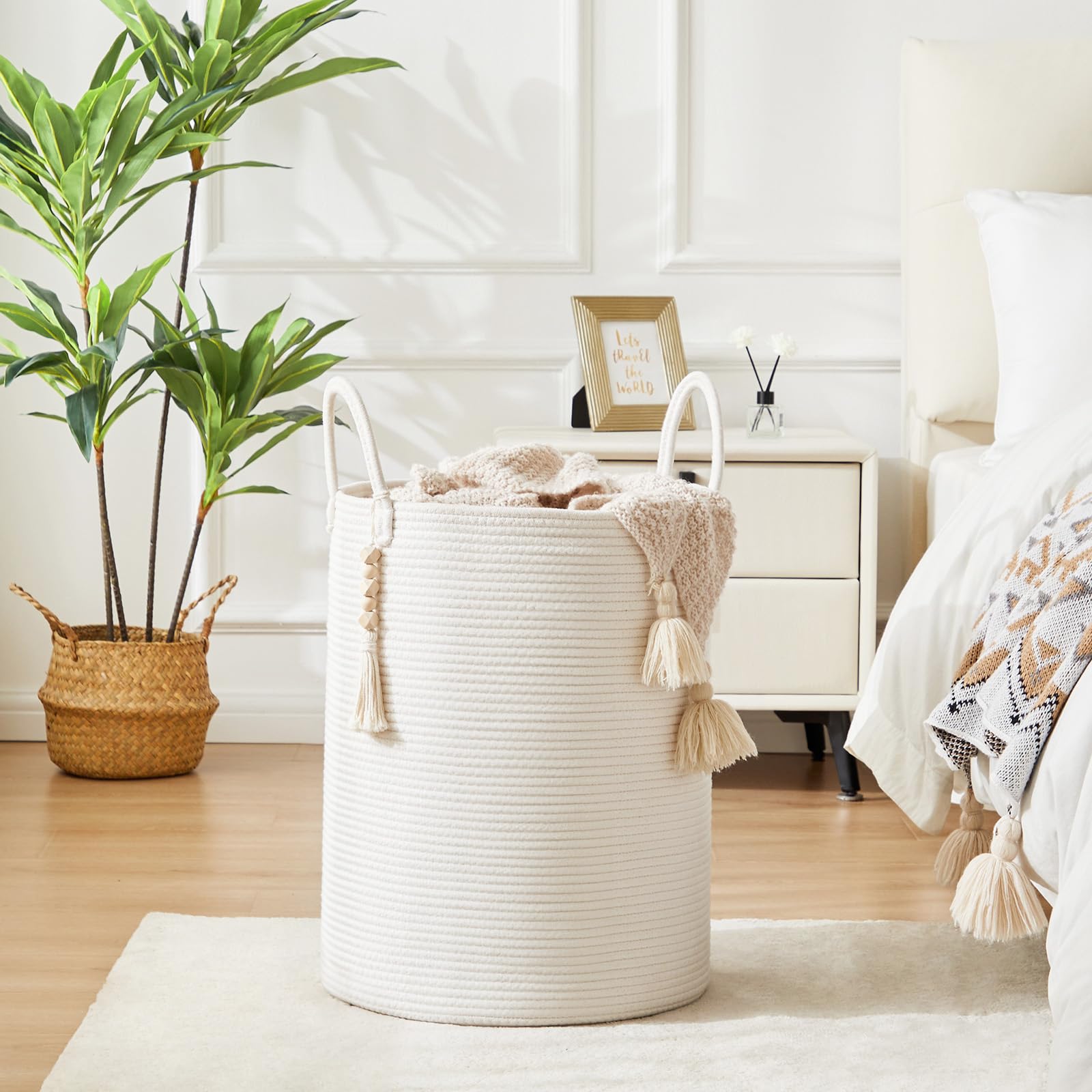 Fiona's magic tassel-decor hamper enhances decor while hiding dirty clothes in stylish boho touches.