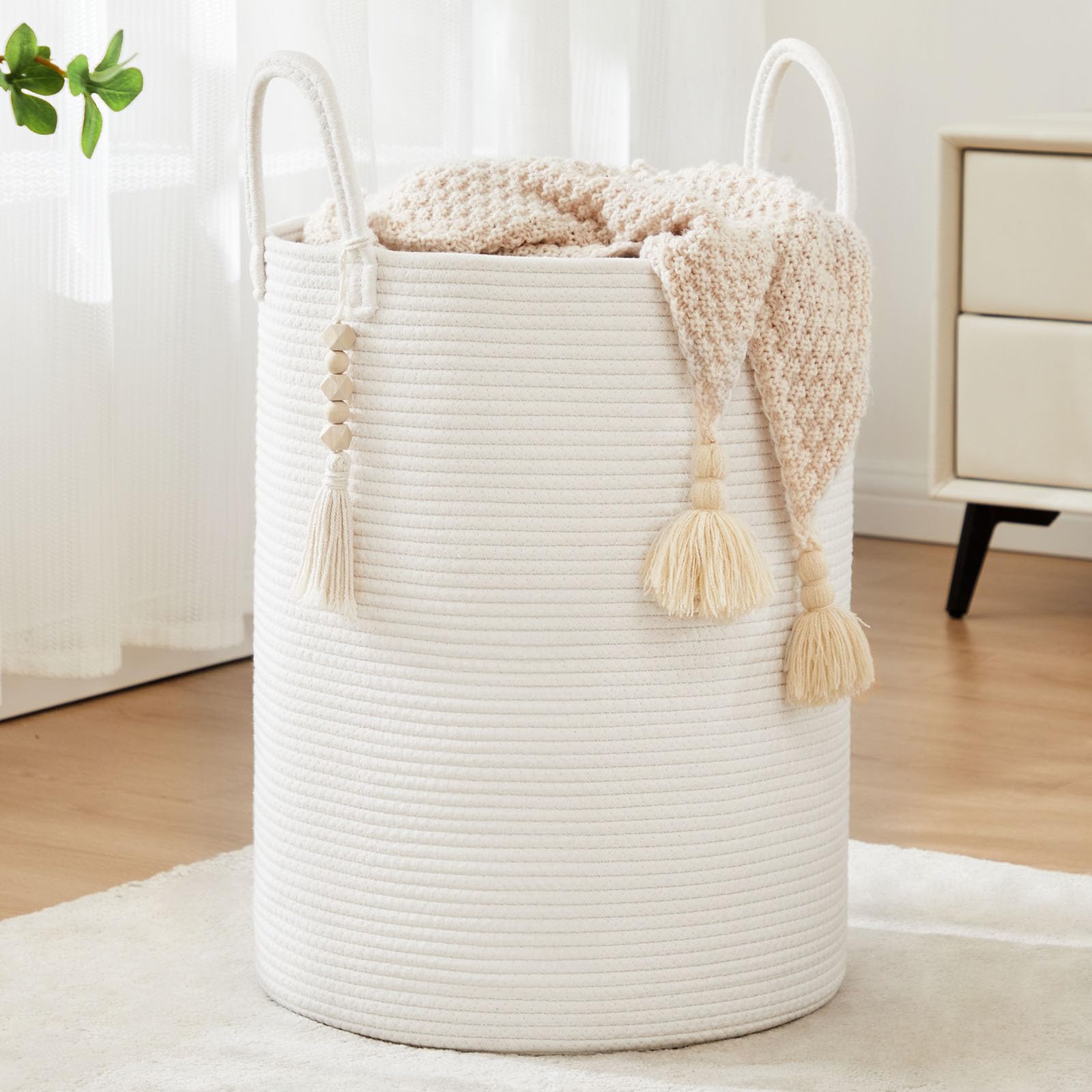 Fiona's magic woven rope laundry hamper white front view offers ample 58L capacity for organized laundry.