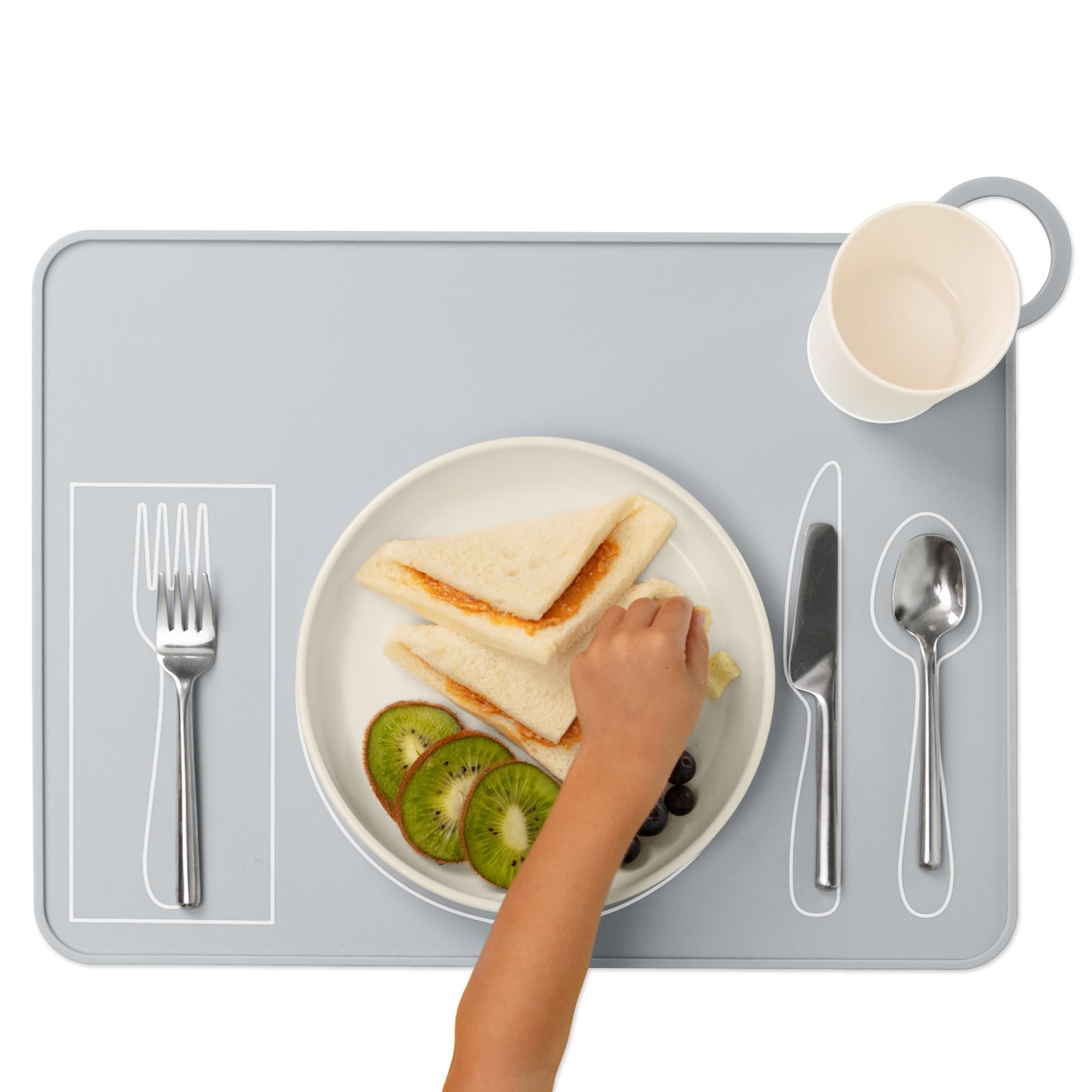 Fire Rooster Kids placemat grey color palette designed for visual comfort