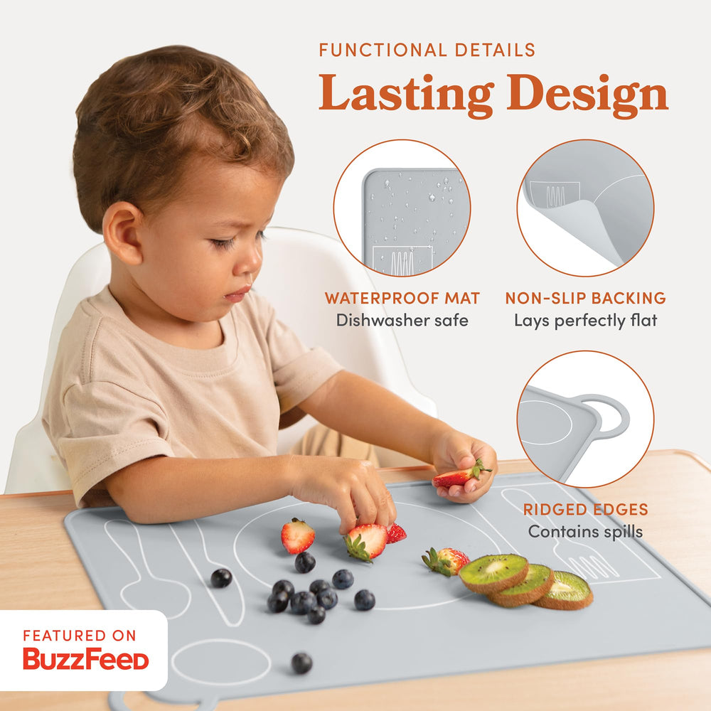 Fire Rooster Kids placemat grey electrostatic treatment stays vibrant after dishwasher use