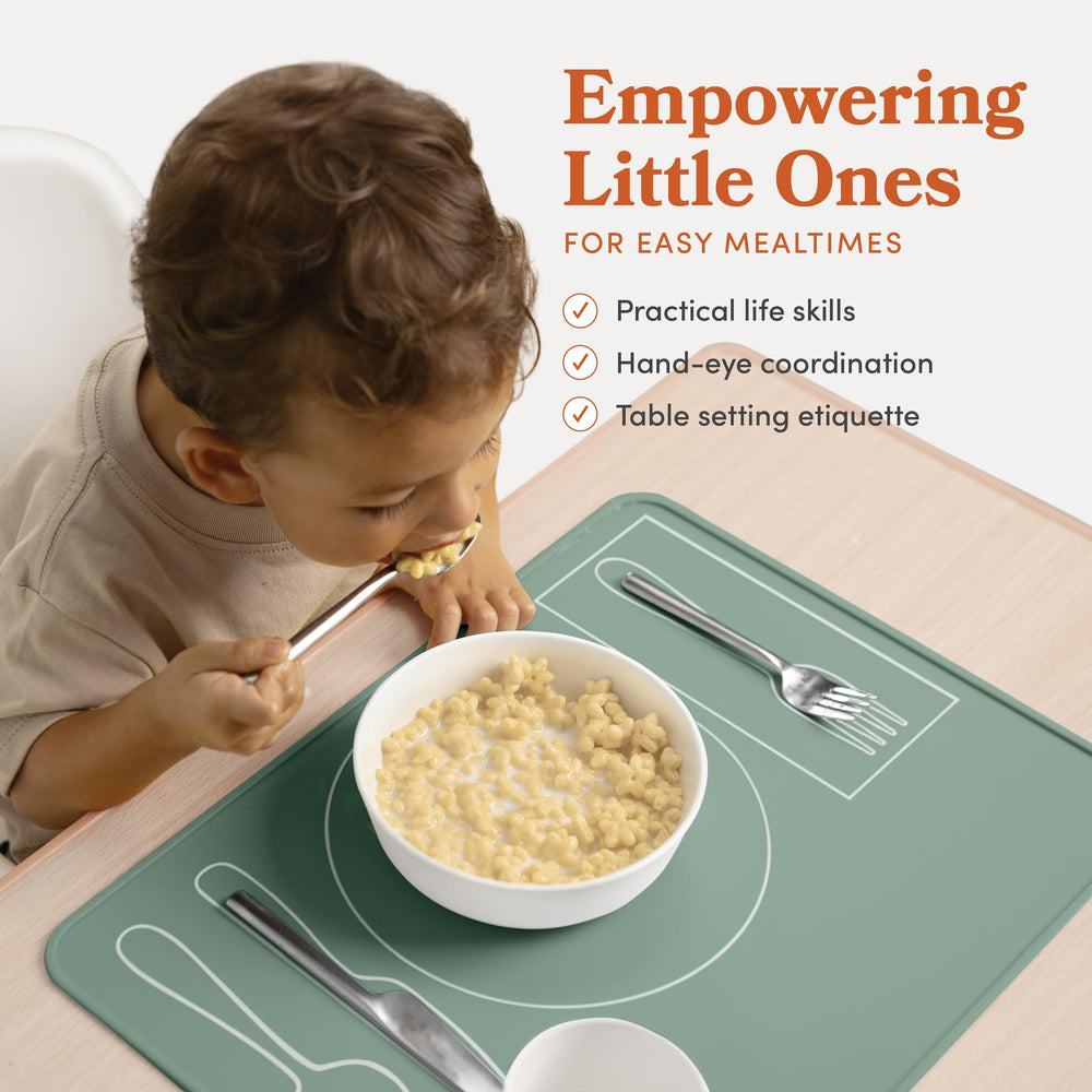 Fire Rooster Kids placemat green dining-table-use highlights easy cleanup after meals.