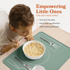 Fire Rooster Kids placemat green dining-table-use highlights easy cleanup after meals.