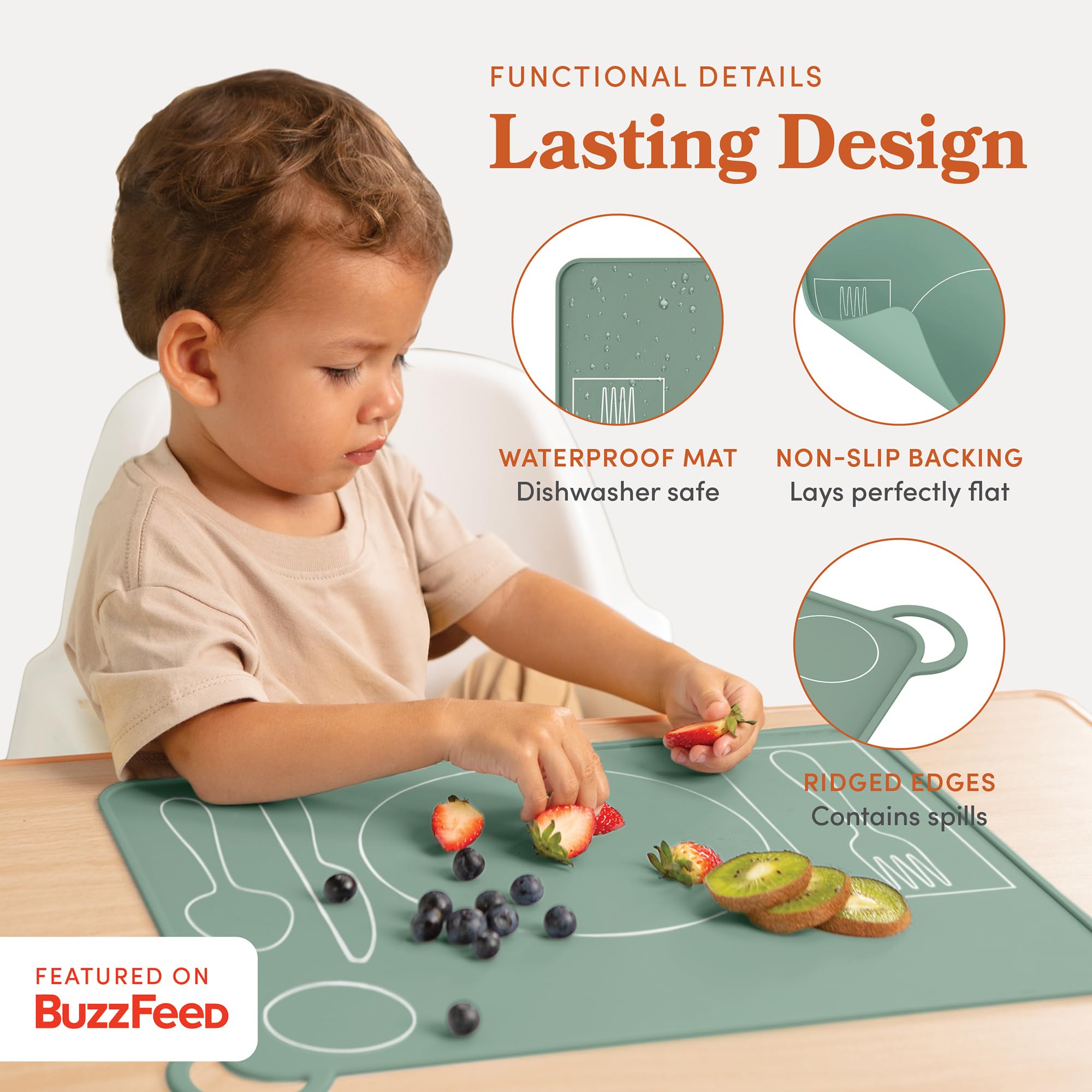 Fire Rooster Kids placemat green-drying-hang-hole illustrates convenient air-drying after washing.