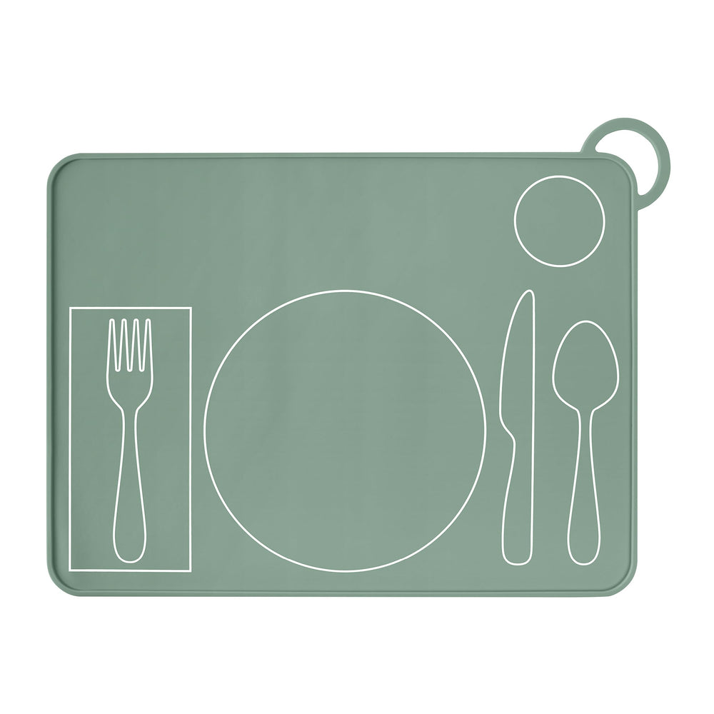 Fire Rooster Kids placemat green full-setup demonstrates family mealtime readiness and spill control.
