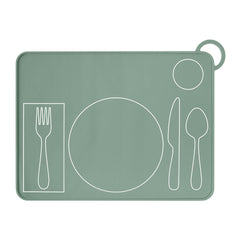 Fire Rooster Kids placemat green full-setup demonstrates family mealtime readiness and spill control.