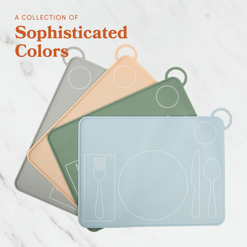 Fire Rooster Kids placemat green-kids-mealtime-use captures tactile joy of family dining.