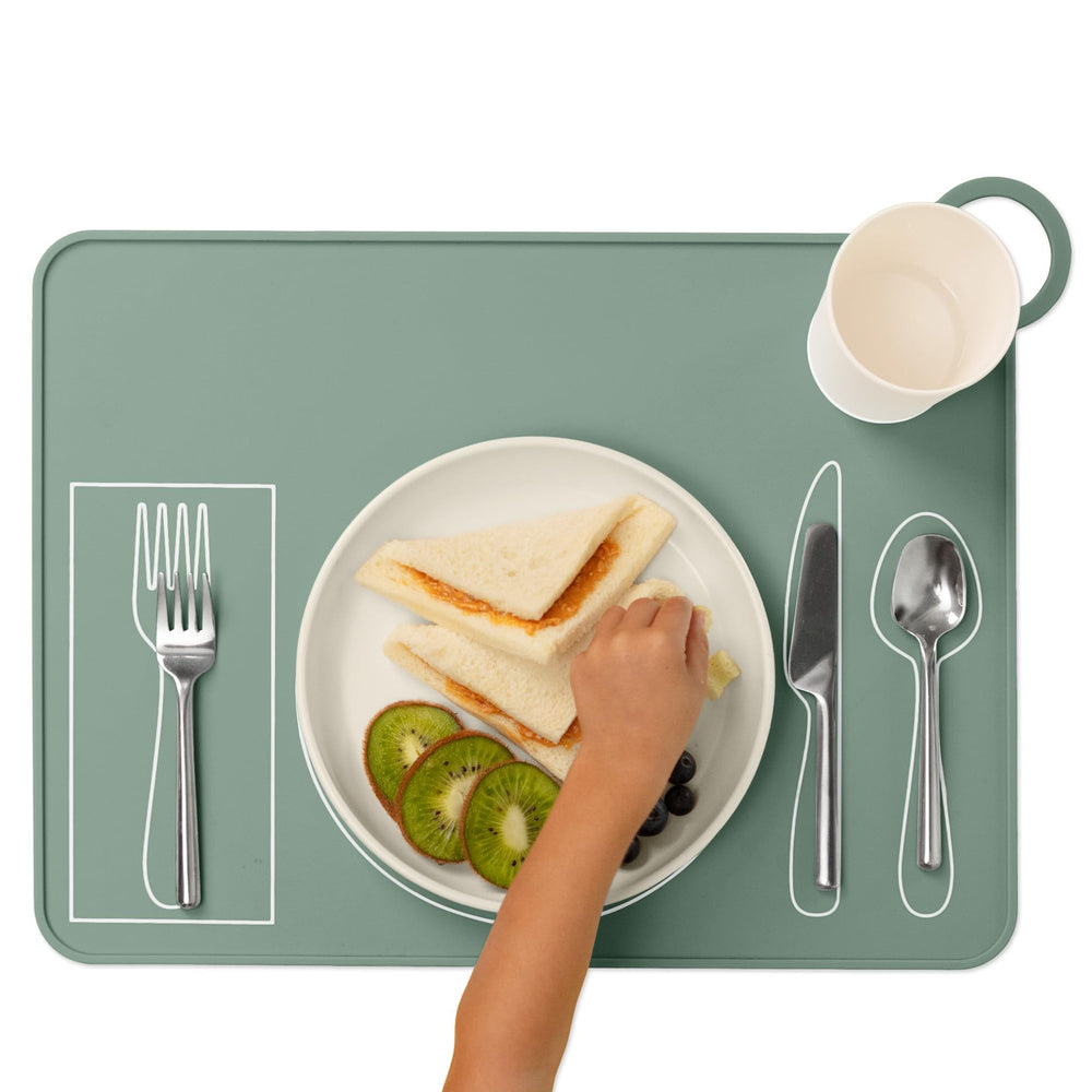 Fire Rooster Kids placemat green-montessori-practice supports practical life skills at mealtime.