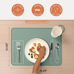 Fire Rooster Kids placemat green-utensil-placement emphasizes guided, independent table setting.