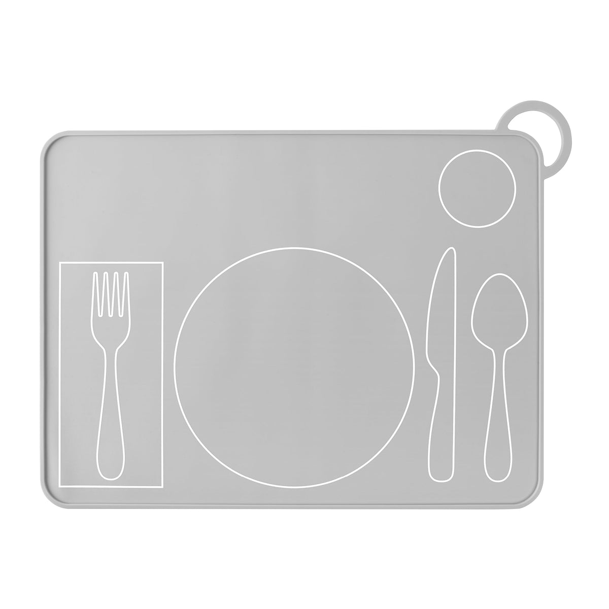 Fire Rooster Kids grey placemat on table supports independent mealtime