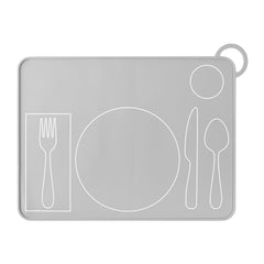 Fire Rooster Kids grey placemat on table supports independent mealtime