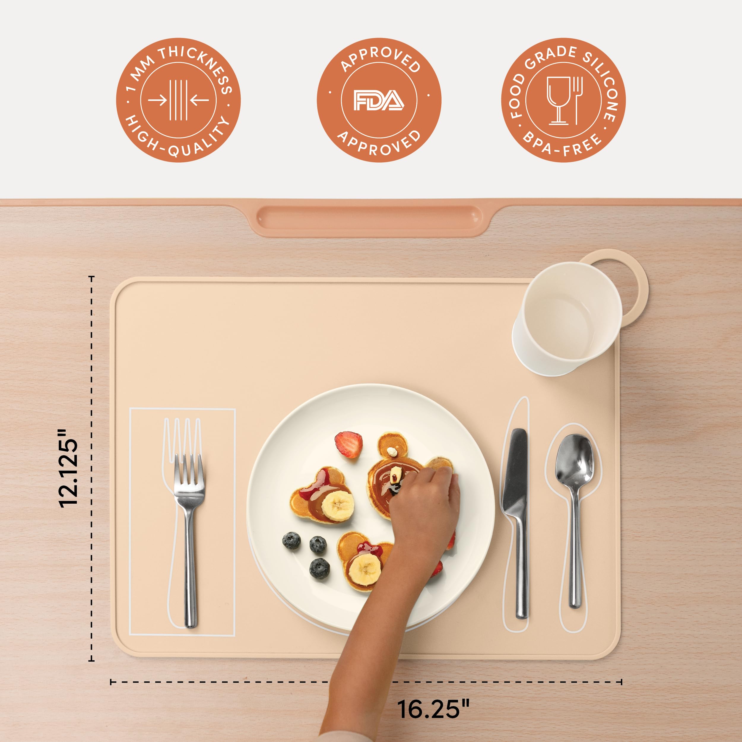 Fire Rooster Kids placemat nontoxic-material close-up highlights safe silicone