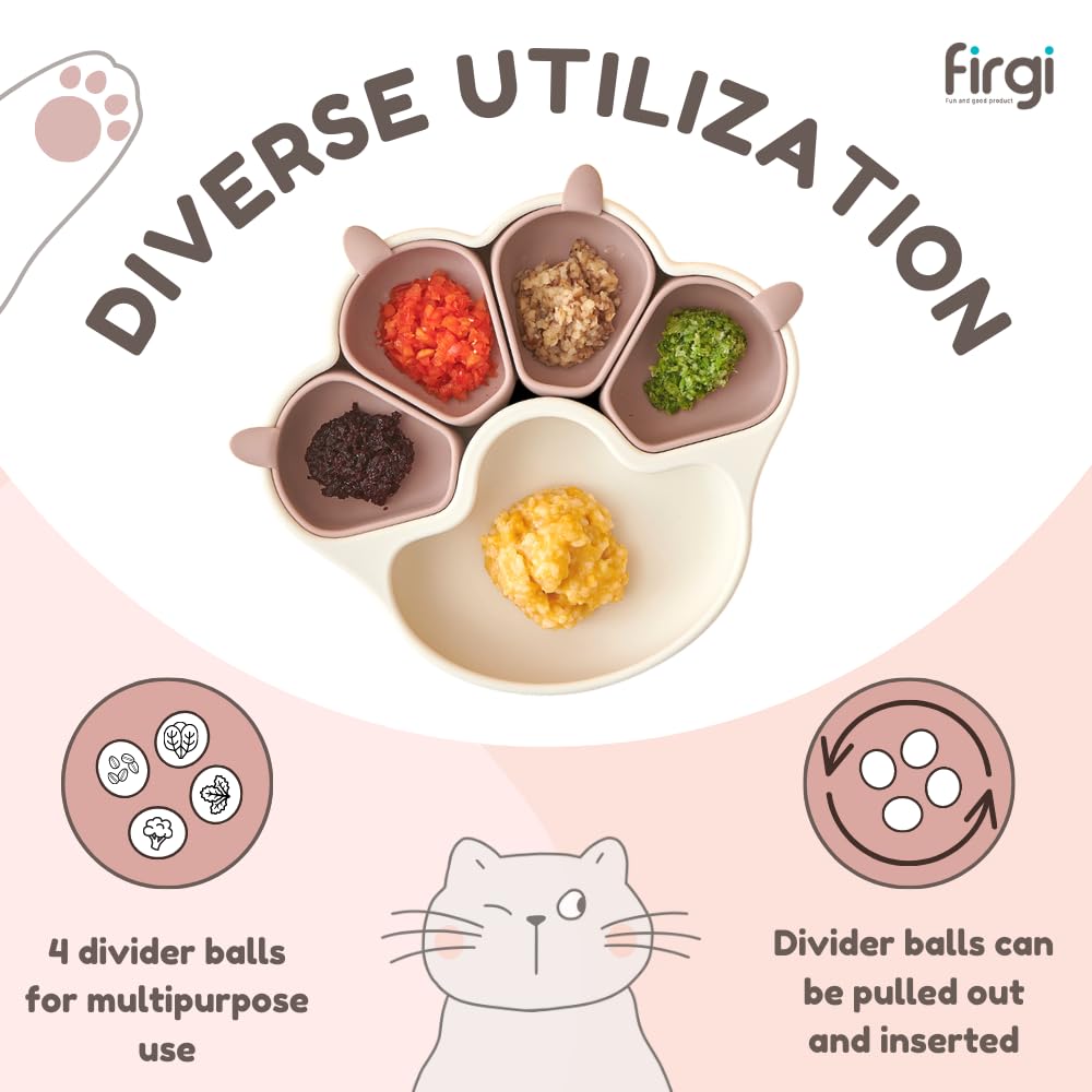 Firgi Meow suction plate in use on a high chair, strong base reduces spills.