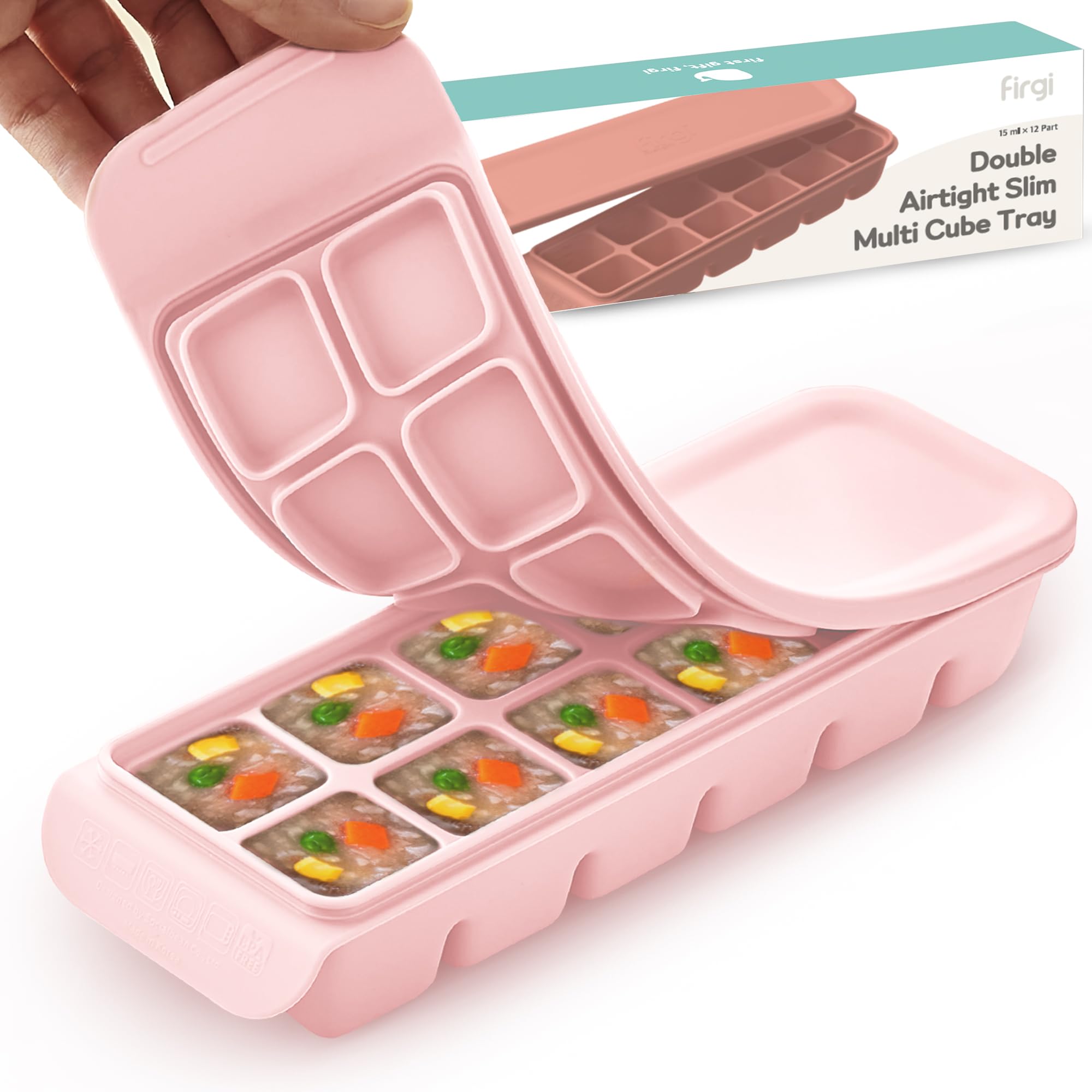Firgi pastel pink ice tray with 12 cubes for precise baby portions and breast milk prep.
