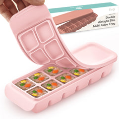 Firgi pastel pink ice tray with 12 cubes for precise baby portions and breast milk prep.