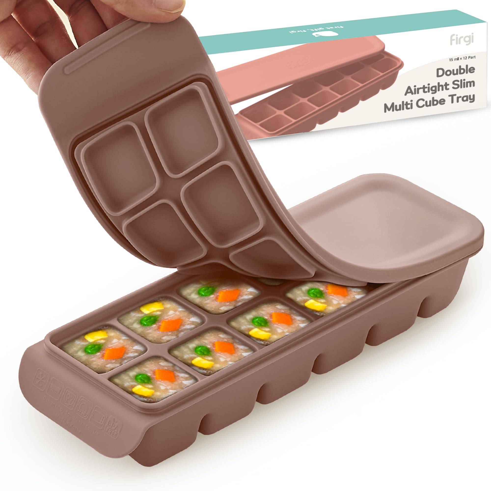 Firgi silicone ice cube tray with lid (brown) shows leak-proof design for baby meals.