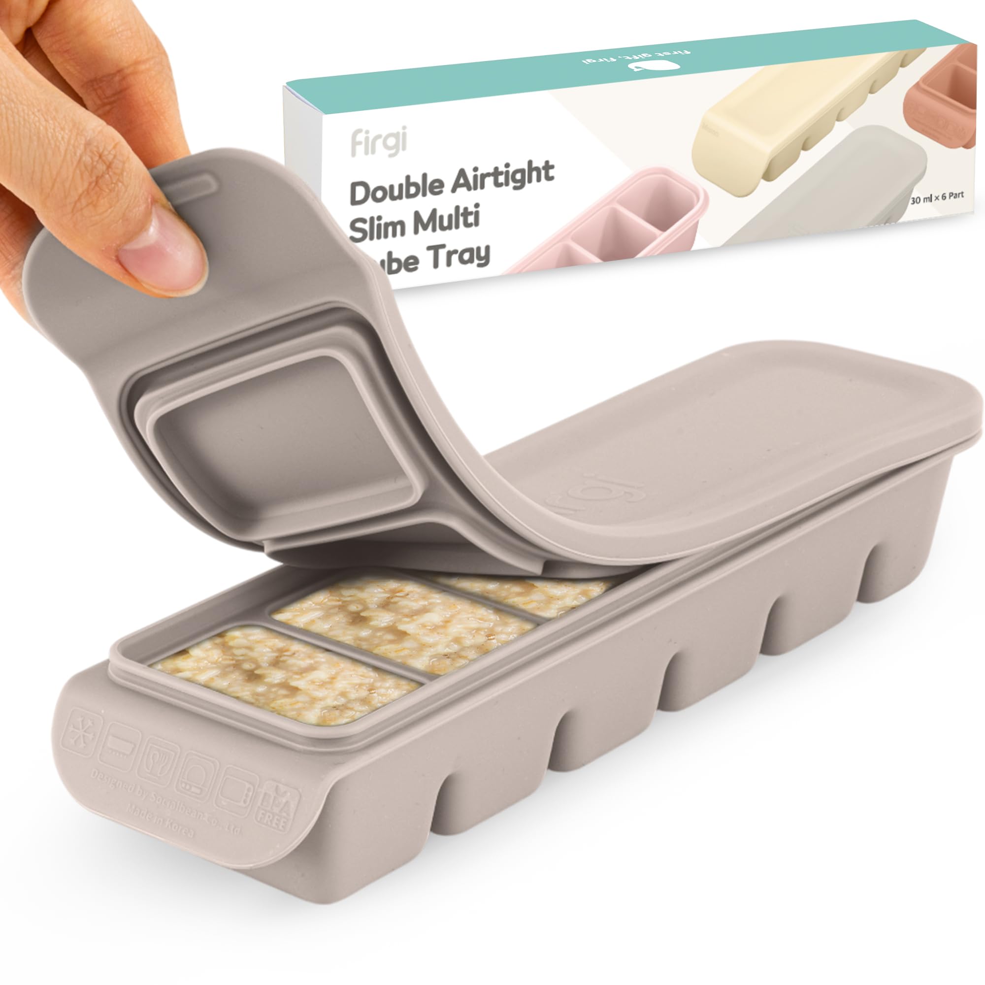 Firgi silicone ice-cube tray with lid in gray for leak-free baby meals