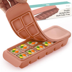 Firgi silicone ice cube tray with lid in Indie Pink for leak-free baby meals.