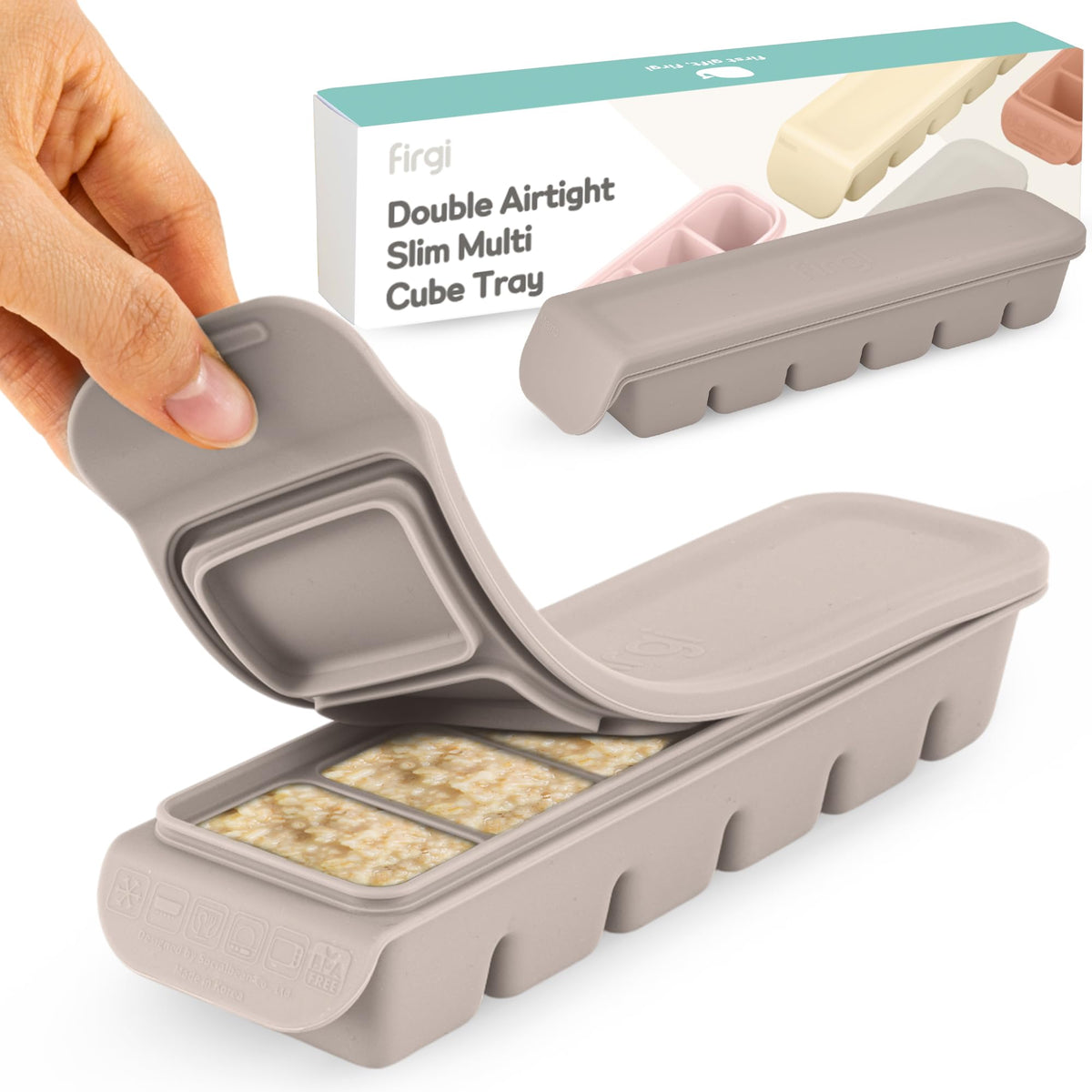 Firgi silicone ice cube tray with lid gray 2-pack shows 1oz portions.