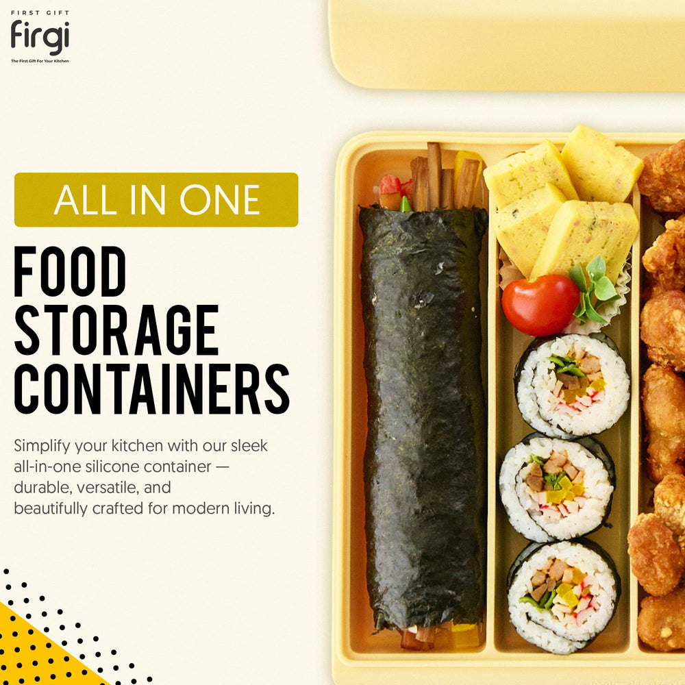 Firgi stackable-design silicone container saves fridge space for baby meals.