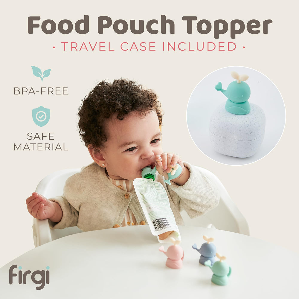 Firgi Whale SoftSip Topper attached to a pouch mouth showing controlled flow.