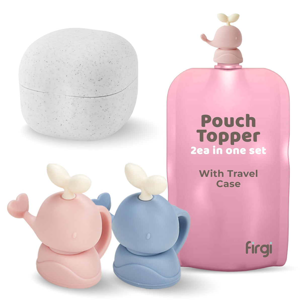 Firgi Whale SoftSip Topper on pouch mouth promotes mess-free feeding.