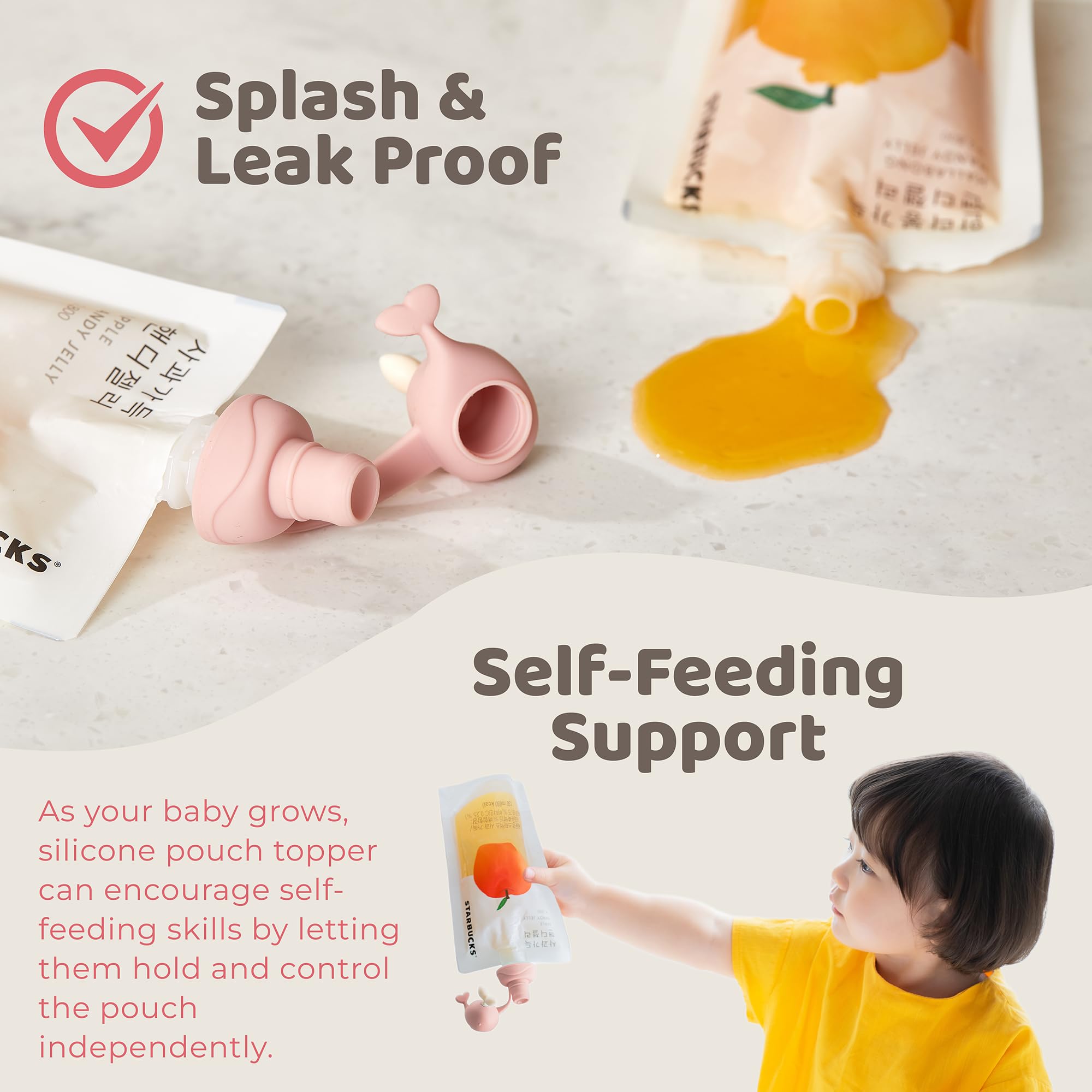 Firgi Whale SoftSip Topper attached to pouch demonstrates spill-proof control.