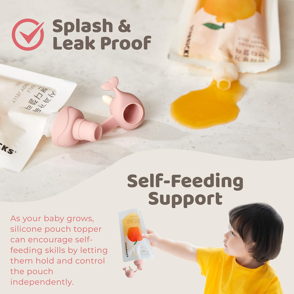 Firgi Whale SoftSip Topper attached to pouch demonstrates spill-proof control.