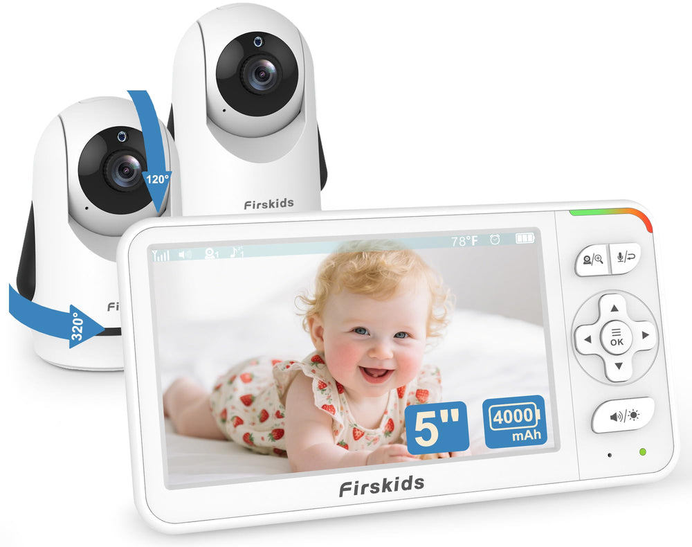 Firskids baby monitor dual-camera view on a 5-inch screen with private in-home monitoring.