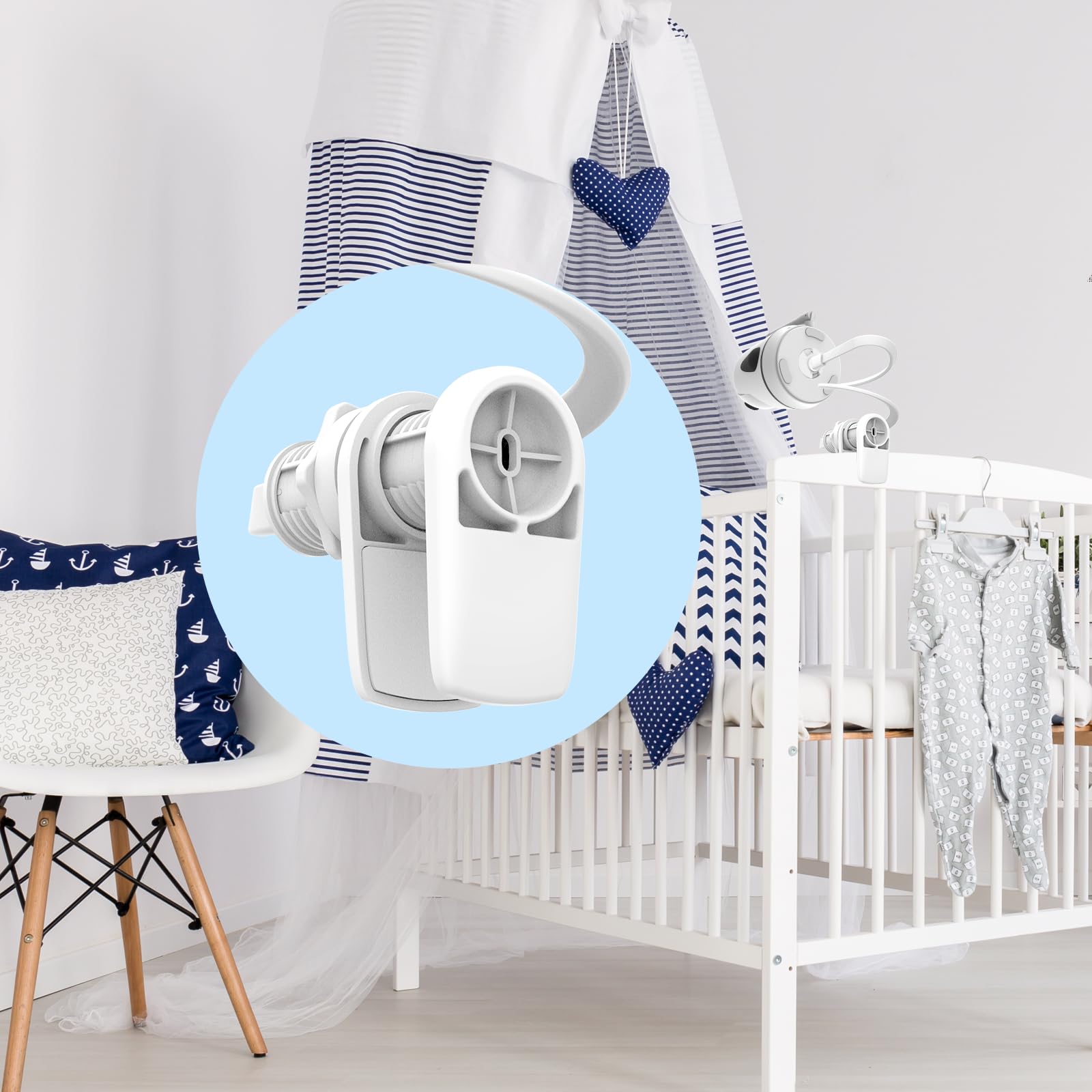 Firskids white crib mount on edge enables secure placement for safe surveillance.